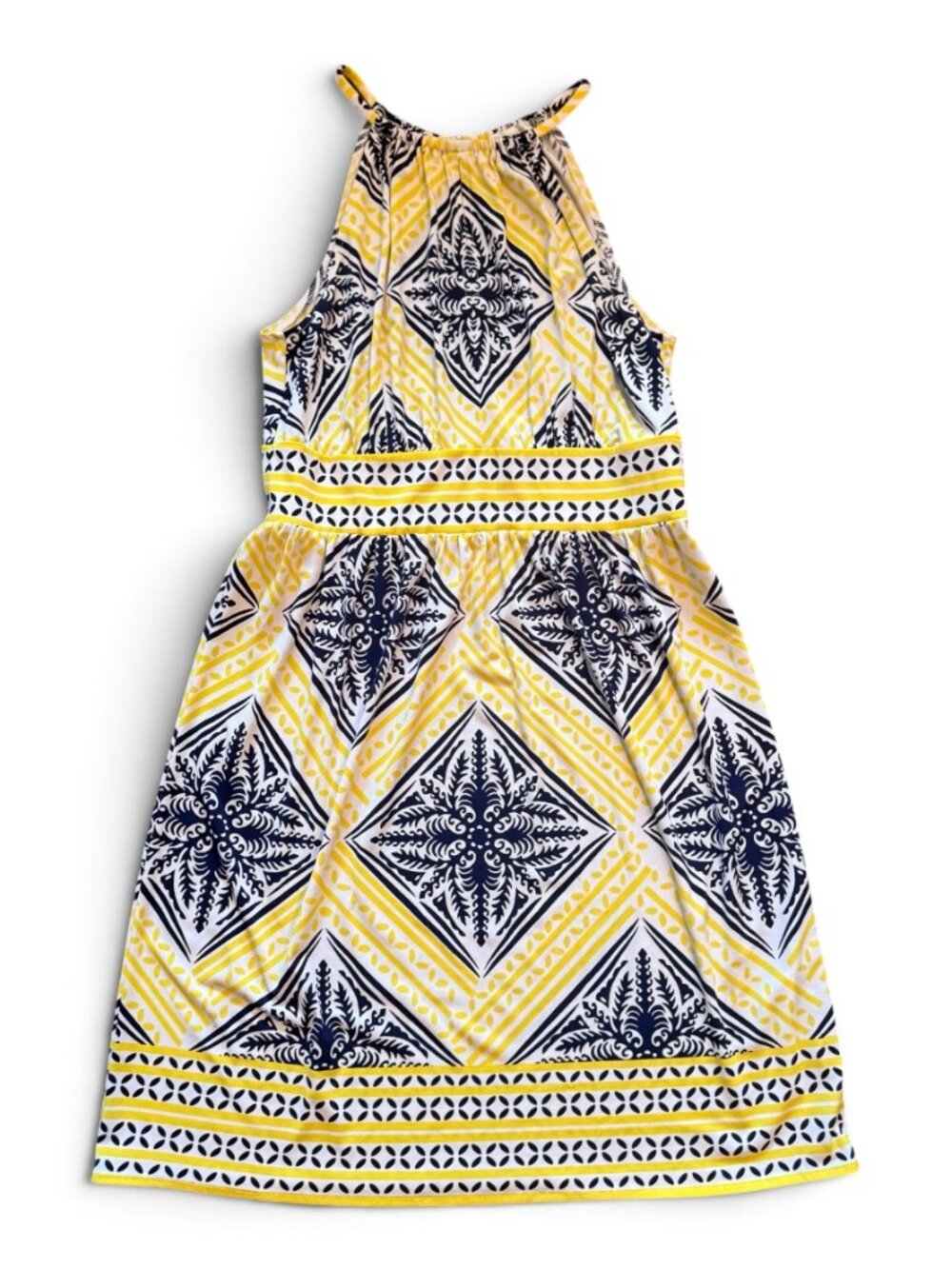 London Times Yellow Navy Geometric Halter Midi Dress Size 10